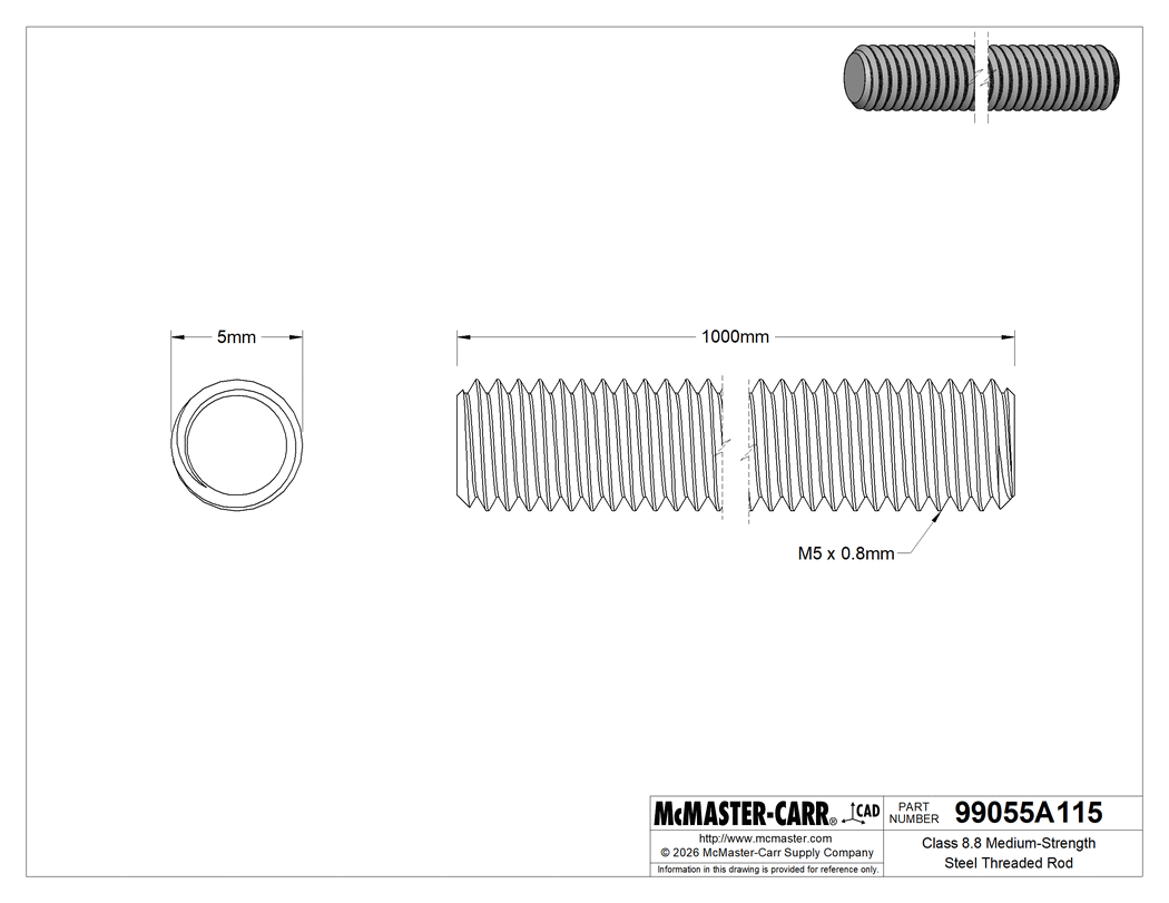 Technical Drawing of Class 8.8 Medium-Strength Steel Threaded Rod, M5 x 0.8 mm Thread Size, 1 M Long.